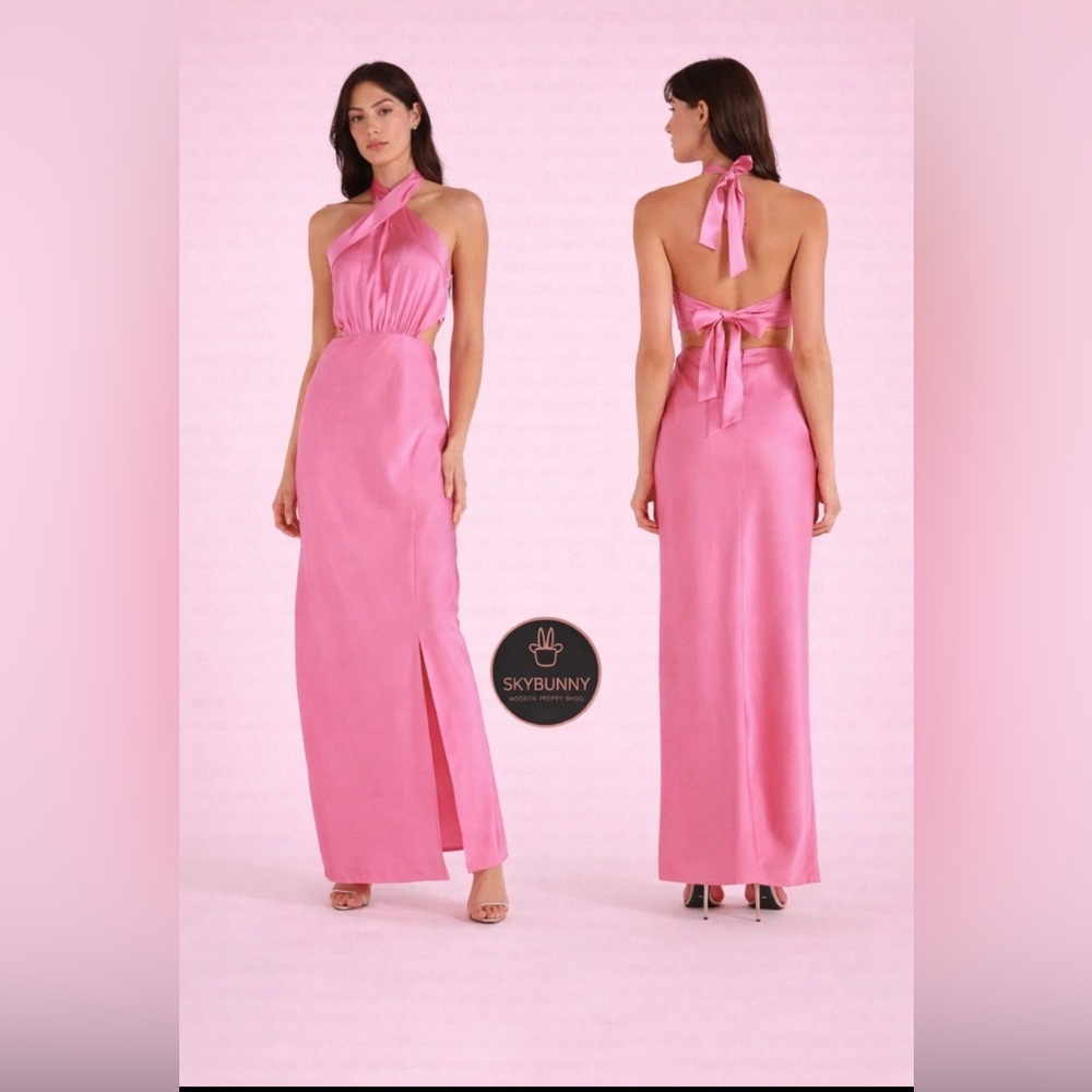 MINKPINK Pink Long Dress S Satin Silky Halter Tie Neck W High Slit NEW $180